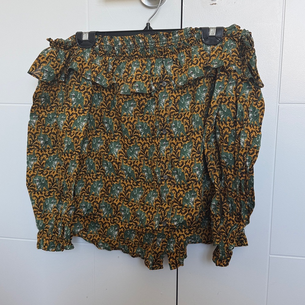J.Crew Ratti Elephant Print Ruffle Off-the-Shoulder Blouse - Picture 4 of 5